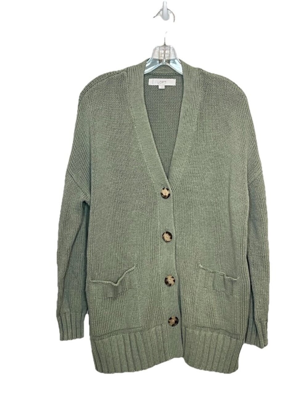 LOFT Womens L Sage Green Oversized Cardigan Sweater Button Front Pockets Long